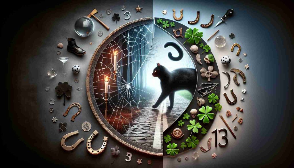 A high-definition, realistic visualization of the concept 'Friday the 13th: Unlucky or Just Myth?' showcasing a juxtaposition of symbols typically associated with both bad luck and good fortune. Include elements such as a black cat crossing a path, cracked mirrors, horseshoes, four-leaf clovers, and number 13. The image should have split sections showing both aspects and hints at revealing the truth.