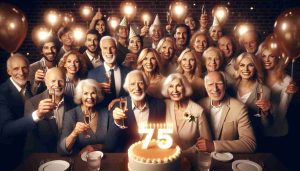 A realistic, high-definition image featuring a large, celebratory family gathering. Each member is smiling, full of joy and life, in honor of the 75th birthday of a cherished family star. The party glows with warmth, love, and respect for the decades of life and wisdom they're celebrating. The atmosphere is alive with balloons, a large '75' prominently displayed in the background and a festive cake adorned with 75 candles. Everyone is dressed in their best party outfits, raising their glasses in a toast to the matriarch or patriarch of the family.