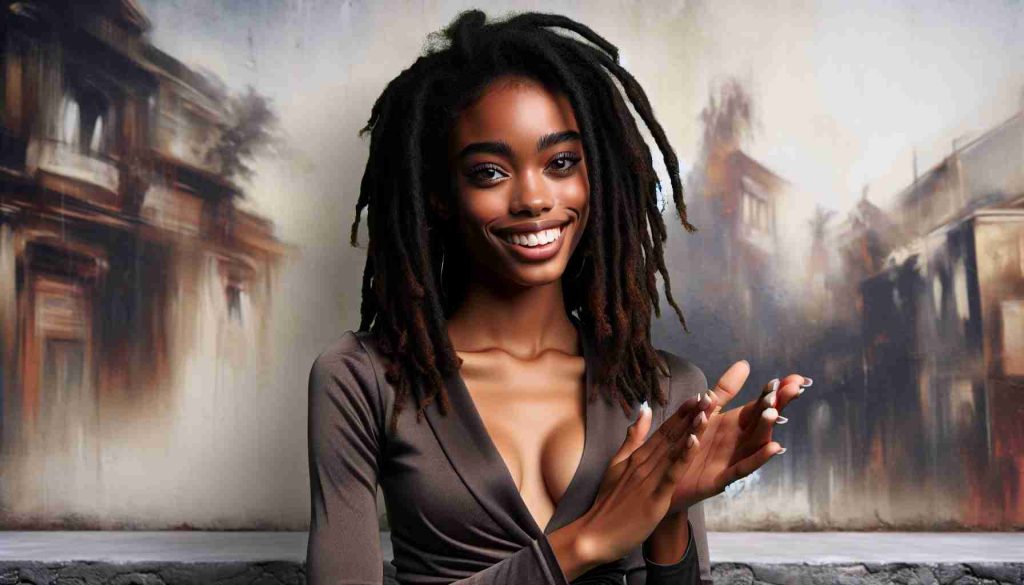 A high-definition, realistic image of a young, confident Black woman. She has beautiful dreadlocks and radiant smiles. She's making a bold statement, possibly rebutting a critique. She's clapping her hands as though applauding sarcastically, her eyes sparkling with defiant humor. The woman is dressed in a chic, casual outfit which snugs perfectly onto her physique. She stands before an atmospheric backdrop, possibly an artistic mural or an urban cityscape. No other identifiable individuals are present in the scene.