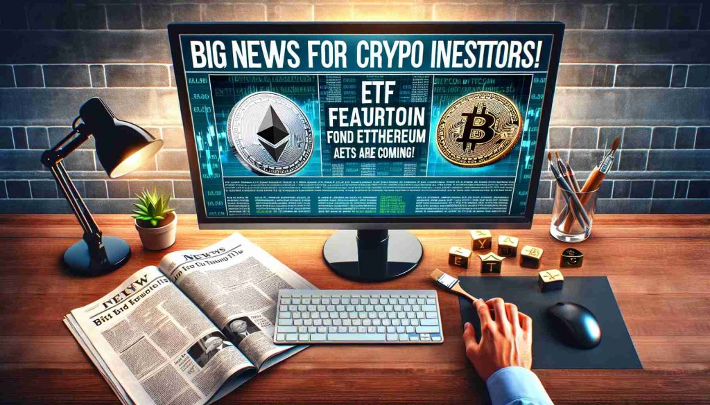 Create a realistic high-definition image that conveys the concept of 'Big News for Crypto Investors! ETFs Featuring Bitcoin and Ethereum Are Coming!' This can include images of a newspaper headline or a news website on a computer screen specifically stating the big news, coupled with the symbols for Bitcoin and Ethereum and imagery representing Exchange Traded Funds (ETFs).