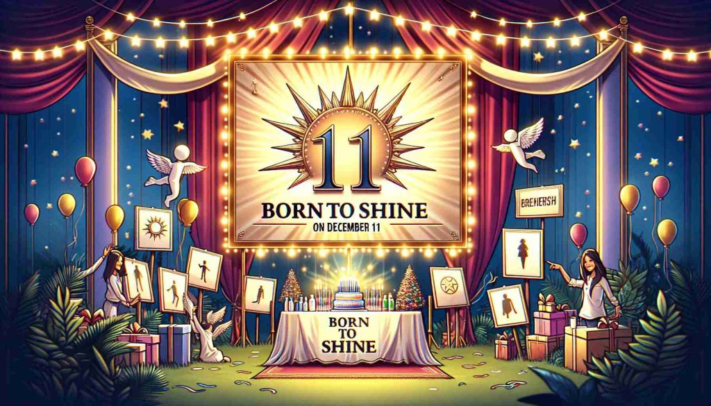 A high-definition image depicting a celebration titled 'Born to Shine on December 11'. The scene should be festively decorated with a large banner featuring the words 'Born to Shine'. Icons, perhaps abstract or symbolic, are being celebrated, displayed prominently around the scene. The atmosphere should be filled with joy, excitement, and appreciation. Please, avoid depicting any specific real person or copyrighted character.