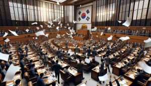 A high-definition realistic image showcasing a chaotic scene of a legislative chamber in South Korea. Depict the turmoil using elements such as papers flying in the air, worried politicians debating intensely, and tense staff members trying to maintain order.