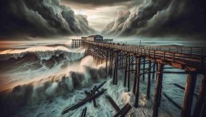 Generate a high-definition, realistic image portraying a dramatic scene of a wave disaster. Highlight the moment of an old, long wooden pier reminiscent of the Santa Cruz Wharf, creaking under the pressure and on the brink of collapse. The sky is dominated by dark, ominous clouds, the sea is raging, and people are watching in awe and fear from a safe distance.