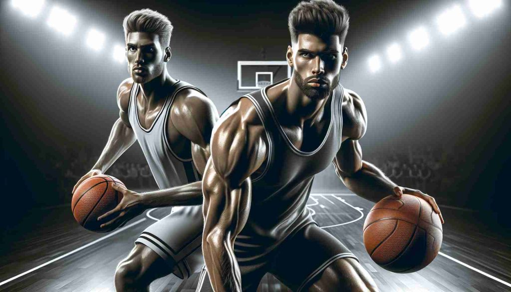 A high-definition, realistic portrayal of two elite, professional basketball players on the court, ready to compete. The first player is muscular, with a medium build, and is known for his speed, agility and relentless energy. The second player is taller, with a broader build, known for his strategic plays, versatility, and control over the ball. Both reflect an intense determination to dominate the game.