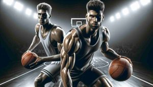 A high-definition, realistic portrayal of two elite, professional basketball players on the court, ready to compete. The first player is muscular, with a medium build, and is known for his speed, agility and relentless energy. The second player is taller, with a broader build, known for his strategic plays, versatility, and control over the ball. Both reflect an intense determination to dominate the game.