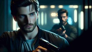 High-definition realistic image of a brunette male actor in his late thirties, with blue eyes and sharp features, looking intense and thrilling. He is in the middle of a suspenseful scene that's going to leave you on the edge of your seat. He could be in the setting of a crime thriller, holding a high-tech gadget, looking seriously at it while standing in a dim, dramatically lit room. There should be a sense of anticipation and excitement. The image should also convey a thrilling lineup of events promising an engaging visual narrative.