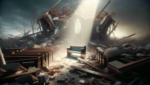 High-resolution, realistic image of a church devastated by a tornado. Amidst the rubble and destruction, a seemingly miraculously untouched pew stands in the center. The remnants of a church tower, ripped off by the tornado, lay strewn around. The environment conveys a blend of devastation and hope, with beams of sunlight piercing the dusty air and illuminating the surviving pew. The scene is set during daytime with the sun at a high point, casting its light directly onto the pew, making it stand out amidst the destruction.