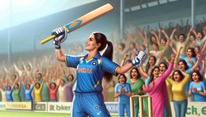 A realistic high-definition scene illustrating a moment of exciting women's cricket in India. A player of South Asian descent is joyfully raising her bat, marking her century achievement. The crowd in the background is a diverse group of people, cheering and celebrating the victory.