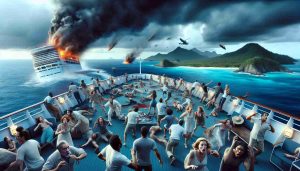 A hyperrealistic image depicting a dramatic scenario on a Caribbean cruise ship. A sudden, unexpected event causes chaos. In the foreground, there's a scene of passengers of mixed genders and various descents reacting with surprise and concern. The sky above is dark and ominous adding to the intensity of the scenario. In the background, the azure Caribbean sea and island landscapes can also be seen. What happens next in the scenario is left to the imagination, inviting intrigue and speculation.