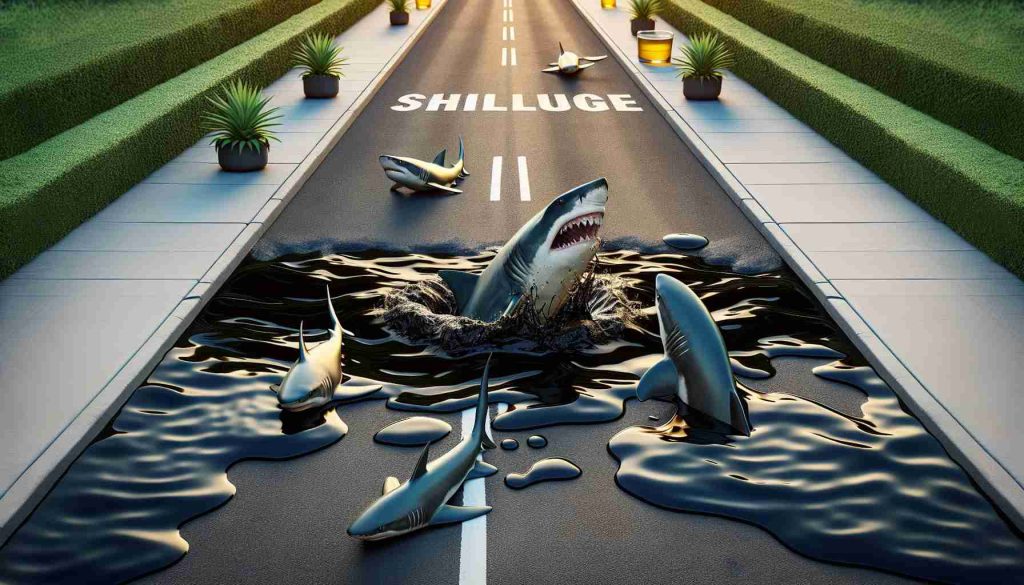 Create a high-definition, realistic visual representation of a metaphorical scene that represents a challenge. This scene includes sharks on a street symbolising one team facing difficulties. There's also an oil slick symbolising a resurgent opposition. The oil slick offers resistance and creates a challenging path for the sharks to navigate.