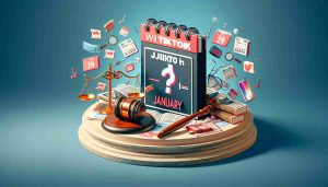 An HD image showing a relevant representation of the concept of the potential ban on the social media platform TikTok in January. This could include elements like court gavels, judicial scales, and a calendar flipping to January to symbolize the upcoming court ruling and its implications. Including headlines or banners with text such as 'Will TikTok Face a January Ban?' and 'Major Court Ruling Ups the Stakes!'