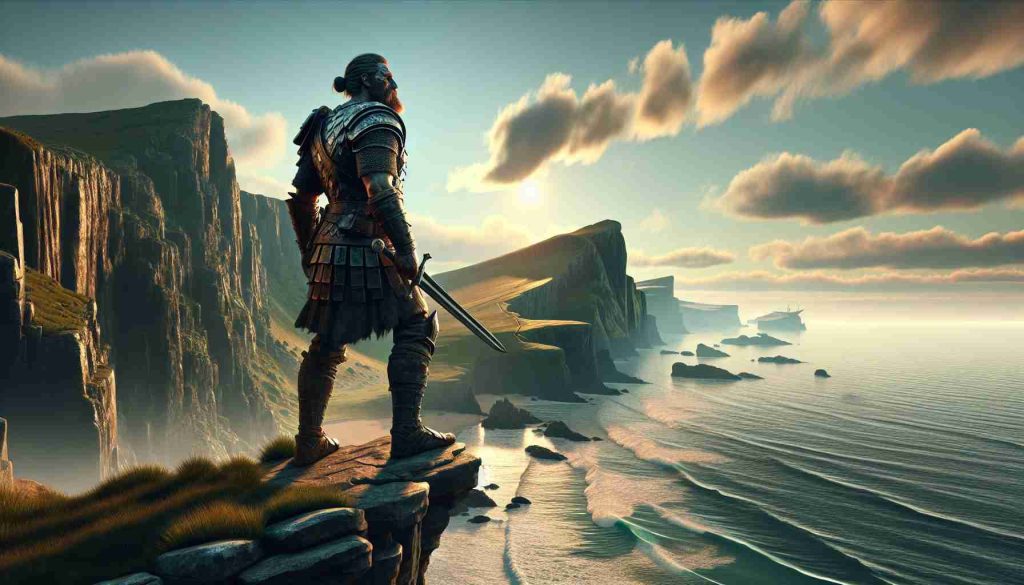 Create a highly detailed, realistic image that symbolizes 'The End of an Era'. Include a battle-scarred and aged yet dignified defender standing tall on a cliff, head raised, gazing over the vast landscapes that he has defended for years. Surroundings convey a sense of calm after a long fight - the serene sky, calm waves lapping at the cliffs, while the setting sun casts long shadows. The defender carries the heavy weight of battles and time, underlining the theme of bidding farewell.