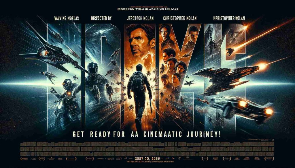 A high-quality rendition of a promotional poster for a new, fictitious and epic film directed by a modern trailblazing filmmaker, reminiscent of the style of Christopher Nolan. The poster features a dark, mysterious background, a collage of intense action sequences, and a large, bold title overlay reading 'Get Ready for a Cinematic Journey!'