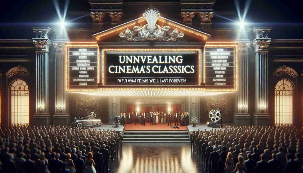 A high-definition, realistic image showcasing a grand and sophisticated event titled 'Unveiling Cinema's Classics: Find Out What Films Will Last Forever!'. The scene includes a large, illuminated banner with this title hanging on an ornate building, suggesting a venue for film classics. Additionally, portray a range of people in formal attire attending the event, hinting at the excitement and anticipation in the air. You may incorporate a glimpse of an old projector and classic film reels to emphasize the theme of celebrating enduring films.