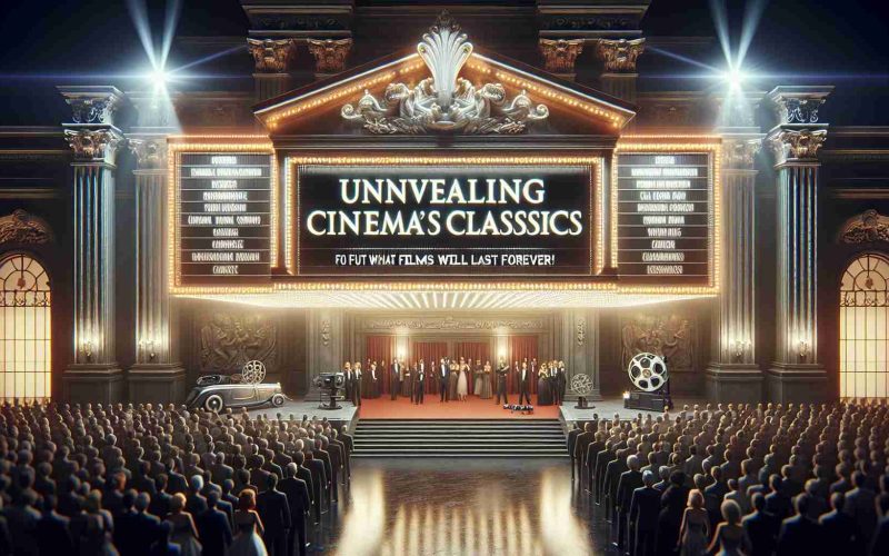 A high-definition, realistic image showcasing a grand and sophisticated event titled 'Unveiling Cinema's Classics: Find Out What Films Will Last Forever!'. The scene includes a large, illuminated banner with this title hanging on an ornate building, suggesting a venue for film classics. Additionally, portray a range of people in formal attire attending the event, hinting at the excitement and anticipation in the air. You may incorporate a glimpse of an old projector and classic film reels to emphasize the theme of celebrating enduring films.