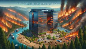 Create a realistic, high-definition digital art piece portraying the concept of a major corporation with 'PacifiCorp' as a stand-in name. The scene should vividly illustrate the unfolding consequences of wildfires, perhaps with elements such as scorched forest land, smoky air, distraught wildlife, and corporate headquarters in the background.