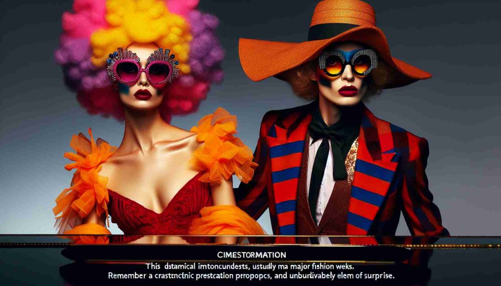 A photograph of a dramatic transformation of a professional model, usually gracing major fashion weeks. The character distinctly imitates a well-known musician known for flamboyant costumes and dazzling performances. Although this musician is often associated with vibrant suits, eccentric glasses, and hats, the model's interpretation and the elements she chooses to incorporate will undoubtedly create an element of surprise. Remember the characteristic performance-related props like a grand piano.