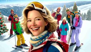 A high-definition, realistic image of an amiable woman with a cheerful personality, markedly similar to an Australian actress well-known for her performances in comedic roles. She is on a family ski trip. The family is enjoying the festive fun atop a snow-clad peak, wearing bright-colored winter outfits and carrying ski gear. They can be seen laughing and making snow angels, with a festive backdrop complete with a decorated pine tree and falling snowflakes.