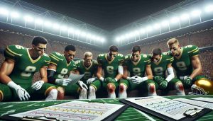 A high-definition realistic image depicting a worried group of American football players, dressed in green and gold uniforms, symbolizing a team under pressure before a significant game. The players look at some medical reports, symbolizing injuries. The background is a large football stadium filled with anticipatory spectators.