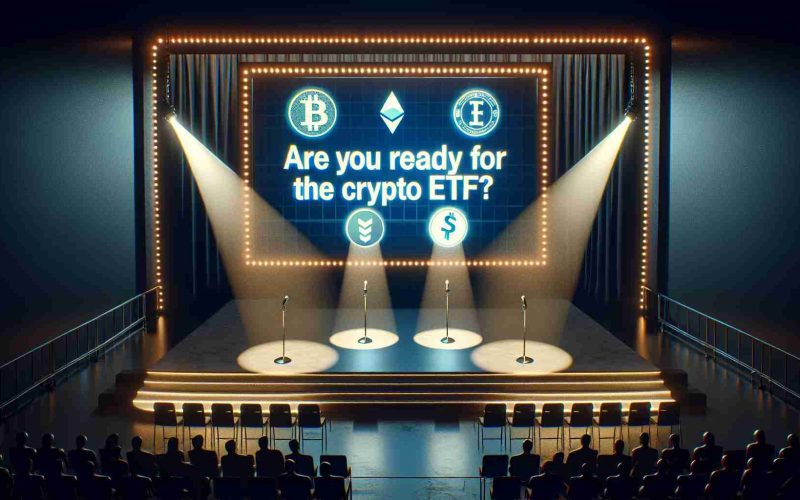 A realistic high-definition graphic representing the spotlighting of emerging Cryptocurrency Exchange-Traded Funds (ETFs). The scene depicts a stage with a large spotlight illuminating a stand displaying symbols of new cryptocurrencies. Above, a bold headline reads, 'Are You Ready for the Next Crypto ETFs?'. The atmosphere reflects an exciting, tension-filled environment as if all eyes are on the evolving world of crypto investments.