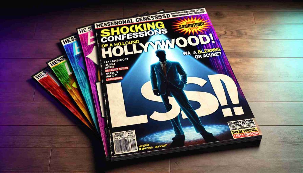 Realistic HD photo depicting the cover of a sensational magazine with the headline 'Shocking Confessions of a Hollywood Star! Was LSD a Blessing or a Curse?' The cover features a silhouetted figure representing an unnamed Hollywood actor standing against a backdrop of bold colors, spotlight on him. A tabloid-style layout displays the intense headline in bold, dramatic typography.