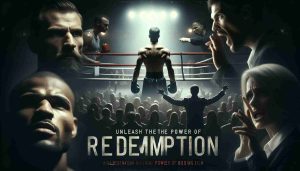 Create a high-definition image that captures a gritty boxing film. This image should display the intensity and power evoked by the concept of redemption. Include elements such as a dimly lit boxing ring, shadowy figures of a male and a female boxer, a Caucasian trainer shouting instructions, and an enthralled, diverse crowd. The title 'Unleash the Power of Redemption' should be boldly displayed in a cinematic font at the top or bottom.