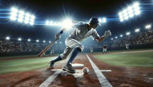 A high definition, hyper-realistic image of a strategic moment in a baseball game, featuring the rising star of a team dressed in white and blue. This player, in mid-action, demonstrates his skills on the field, contributing his part to the success of his team. Bright lights illuminate the scene, casting dramatic shadows on the playing field that is filled with anticipation and high-stakes action.