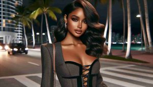 Realistic HD photo of a stunning woman with Caribbean descent on a date night in Miami! She is styled in an elegant, modern outfit perfectly balancing glamour and class. Her hair is styled in soft waves, her makeup perfectly highlights her striking features and the outfit, consists of a sleek and stylish ensemble that raises the bar for date night fashion.