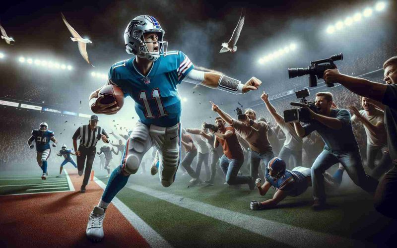 Realistic, high-definition image depicting the dramatic scene of a professional American football quarterback controversially leaving the field. This event unfolds amidst the backdrop of the Zero Income League (NIL) games, generating a sense of surprise and tension.