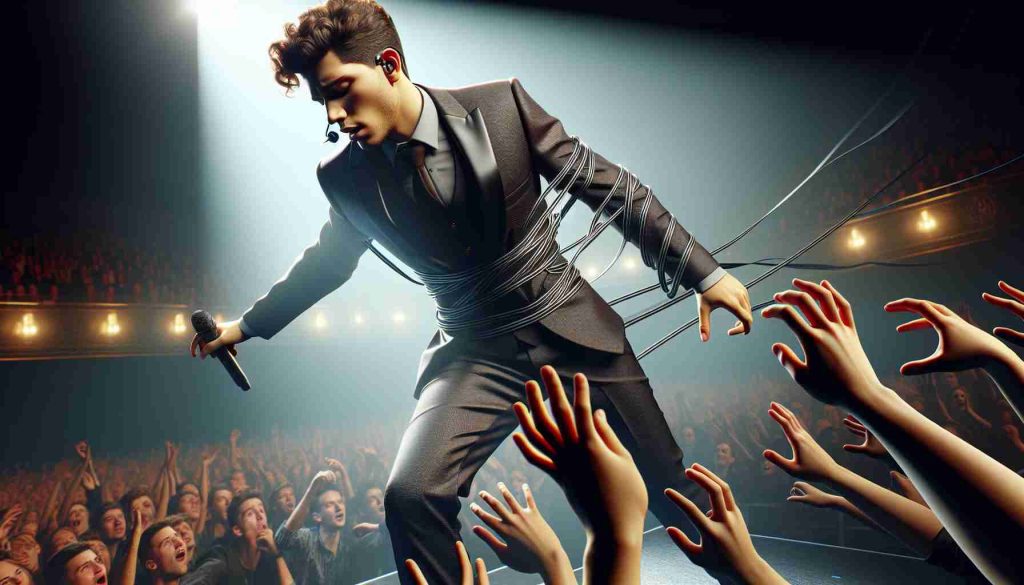 Realistic HD photo of a thrilling moment at a pop star's concert! The singer, a male figure with short curly hair, dressed in a sharp suit, delivers an electrifying performance. He unexpectedly gets tangled in a stage harness, causing quite a sight and sending the audience into fits of laughter.