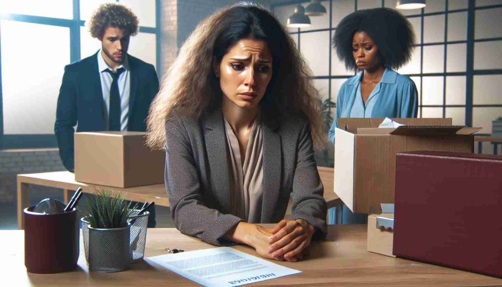 Generate a realistic HD image showing the scene of a shocking resignation. Depict an office environment with a visibly distressed woman of Hispanic descent, named Ligia Hernandez, leaving her workspace. Include details such as packed boxes, a resignation letter on the table, and her saddened colleagues, a curly-haired Caucasian man and a Black woman with short hair, in the background.