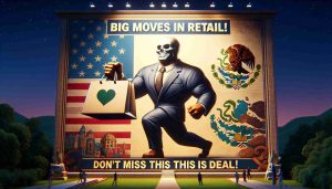 An HD image displaying a symbolic representation of a large-scale business transaction. Picture a gigantic, metaphorical character representing a multinational Mexican company holding a bag with a luxury brand logo on it. The background should showcase symbolic elements of both U.S. and Mexican cultures. The text 'Big Moves in Retail: Mexican Giant Acquires U.S. Luxury Brand! Don’t Miss This Deal!' spans across the image in an attention-grabbing style.