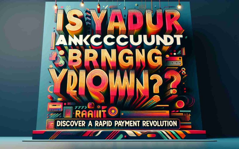 A high definition, realistic image of a question written in large, bold fonts: 'Is Your Bank Account Bringing You Down?' followed by a revolutionary proclamation in a smaller but impactful font: 'Discover a Rapid Payment Revolution!'. The background is a mix of vibrant colours, transmitting a sense of hope and change. Some details like abstract shapes and patterns can be added for more depth and visual interest.