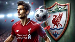 A realistic high-definition image of a generic professional footballer, whose incredible performance has left fans stunned. He's just made an improbable comeback in a pivotal match. In the background, the emblem of a popular English football team - a liver bird above a shield with maritime symbols - is seen. Can they surpass expectations and win against challenging odds?