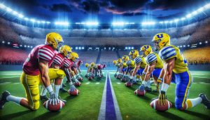 Realistic, high-definition image depicting the intense rivalry between two college football teams. The scene shows the anticipation before a significant game, perhaps an underdog upset. In the foreground, ready-to-play athletes in bright, distinguishable team colors, with the backdrop of a packed stadium filled with excited fans. Please note this does not represent any specific teams or actual events.