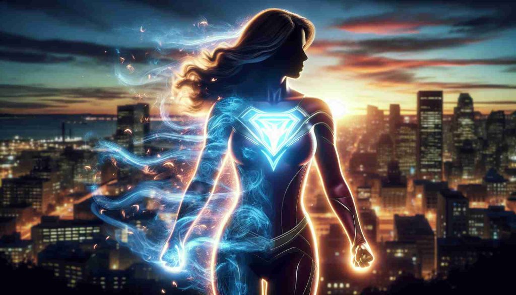 A realistic high-definition image depicting a superheroine transformation. Display the character in the process of her transformation, showing the contrasting normal attire transmuting into a costume synonymous with strength, courage, and justice. While her identity isn't shown, her iconic symbol could be seen glowing on her chest, with swirling energy particles that show the thrill and excitement of the transformation. Her silhouette against the backdrop of a vibrant cityscape at dawn, where the future of heroism awaits. Please note this character is not a specific copyrighted character and does not refer to any specific comic series. It's a generic representation of a female superhero.