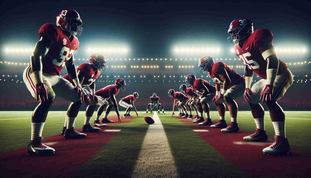 A high-definition, realistic image of an epic showdown. This grand event happens on a typical American Football field. The team from Alabama, known for their dominance, is positioned ready for play. They wear their classic crimson uniforms, facing off against an unnamed opponent. The crowd roars in anticipation, the tension is palpable. Will they maintain their dominance? Visualize the charged atmosphere, the field lights illuminating the night, and the players set in their stance, it is more than just a game, it's a symbol of competition at its finest.