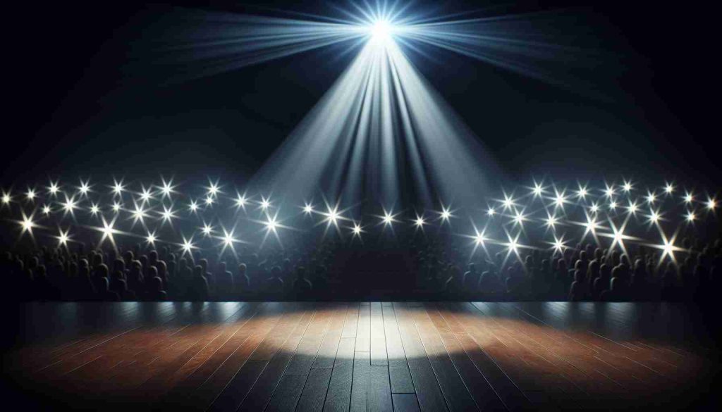 Realistic high-definition photo of a spotlight shining on an empty stage, symbolizing new beginnings and the anticipation of what happens next. The atmosphere is full of suspense and excitement as the audience awaits the arrival of the star.