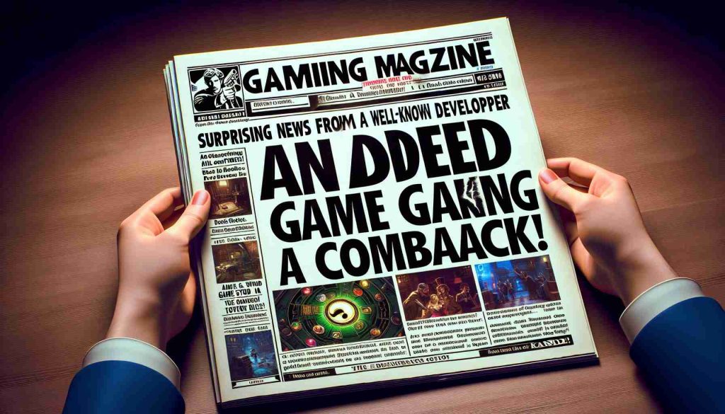 An incredibly realistic and high-definition image of a frontpage headline of a fictional gaming magazine. The cover story's headline exclaims, 'Surprising News from a Well-known Game Developer! An Adored Game is Making a Comeback!' Surrounding the striking headline are suspenseful images that hint at the elements of the unnamed beloved game, invoking a sense of nostalgia and curiosity.