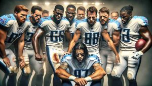 A realistic HD photo of the Tennessee Titans American Football team looking dismayed and worried. They are gathered around a key player who is in apparent pain, signaling potential injury concerns. The scene is filled with tension and anxiety. The image should convey the uncertainty and challenges sports teams sometimes face during a match.