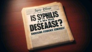 Realistic high-definition image of a headline reading 'Is Syphilis a New World Disease? Shocking Evidence Emerges!' on a traditional paper newspaper background. The headline is bold and centered towards the top third of the picture, and there's a large portion of white, untouched newspaper below it. The paper is of high quality and slightly textured. The edges of the newspaper are visibly worn, and the background shows a warm mahogany table.