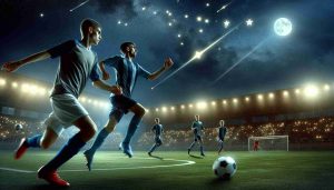 Realistic high definition scene of a soccer match occurring in Astana between prone youth teams. The night sky is glittering with stars, symbolic of the rising talent on the field. Young players exhibit high energy and talent in the face of an intense competition.