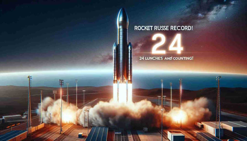 Generate an ultra high definition, realistic image of a rocket launching into space, with a clear sky as a backdrop. The rocket design should be sleek and modern. Overlay text in the image states 'Rocket Reuse Record! 24 Launches and Counting!'