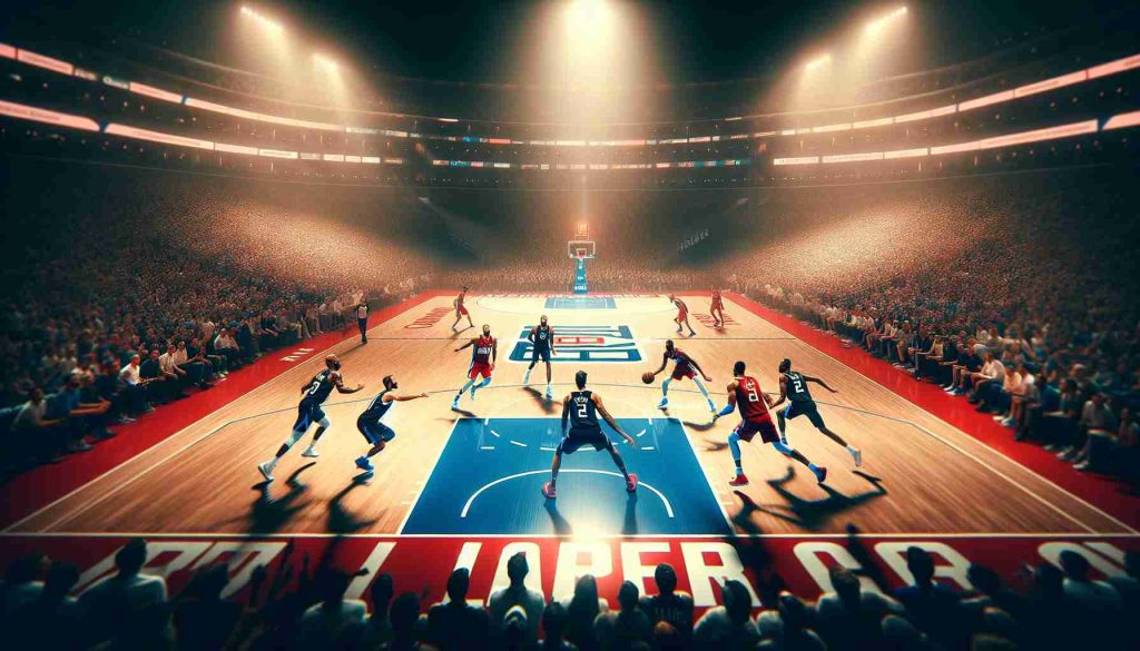 An HD photo capturing a remarkable showdown in a basketball game. The Clipper team is showcased dominantly outpacing the Mavericks. The players on both teams are without their key players, creating an uncommon tension in the air. The court shines under the bright lights, the crowd in the stands is a blur of colors, enthralled by the unfolding event. The game's intensity is palpable as the players demonstrate high-level endurance, strategy, and skill.