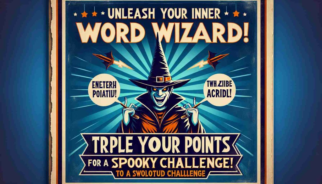 Generate a realistic high-definition image of a promotional poster. The poster is headlined with the text 'Unleash Your Inner Word Wizard!' and sub-headed with 'Triple Your Points for a Spooky Challenge!'. The overall feel of the poster should be energetic and inviting, with a touch of mystique to fit with the theme of magic and spookiness.