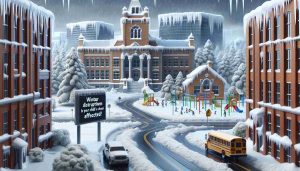 Detailed depiction of a scene representing winter weather disruptions. Imagine a landscape dominated by icy roads, frozen playground, and snow-covered trees. A prominent school building, rendered in realistic HD detail, stands in the background. The school is noticeably affected by the harsh winter weather, with snow piled up against the doors and icicles hanging from the rooftop. A digital signage is displaying the text: 'Winter Weather Disruptions Ahead! Is Your Child’s School Affected?'