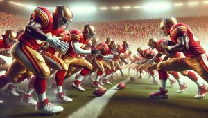 Realistic high-definition image depicting a metaphorical scene around an American football game, displaying larger-than-life concerns. The focus should be on some key generic players in vibrant red and gold uniforms, symbolizing a well-known football team. The players are shown in a state of uncertainty, shaking up the dynamics of their team. This image screams tension and the unpredictable nature of sports.