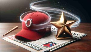 Realistic high-definition image of a red baseball cap with a logo of socks, indicating a popular baseball team, laying on a table. Next to it, there's a big golden star seemingly about to be taken away. In the background, vague, swirling tabloid headlines hint at a star player shifting teams.