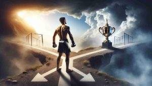 A high-definition image depicting a generic MMA athlete, not referring to any specific real-person, standing at a crossroads. The seemingly metaphoric crossroads is a physical manifestation, with two paths laid before him. One path ascends on a slope indicating a rise, with a trophy at its top. The other path descends, symbolizing a fall. The MMA athlete, determined and focused, gazes at the looming choice. He is decked in standard fight gear, clenched fists wrapped in fight tape, standing resolute. Bathed in atmospheric sunlight, the scene holds a symbolic gravity, representing the athletic challenge ahead.