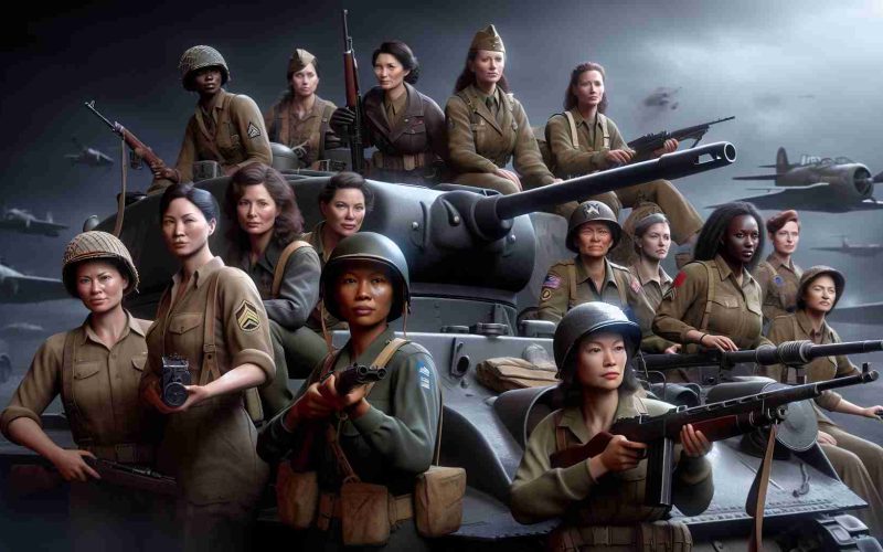 A high-definition, ultra-realistic image of a historical scene from World War II. We see a group of valiant soldiers defying all odds. Among them, several women in various military uniforms: a South Asian woman in the role of a radar operator, a Middle Eastern woman acting as a medic, a Hispanic woman who is a sharpshooter, a Black woman working as a pilot, and a Caucasian woman serving as a tank operator. These women represent the unsung heroines who made significant contributions during this time of global conflict.